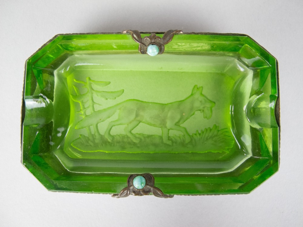 Near Pair of Czech Green Intaglio Dishes With Brass Filigree and Jewel Detail. View VIII