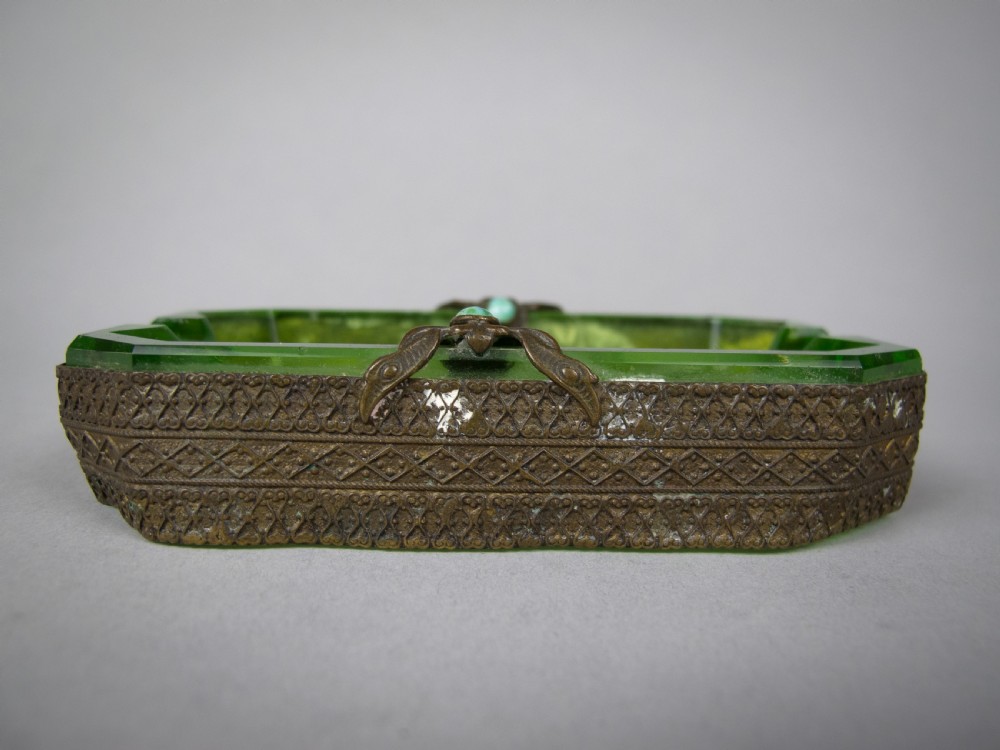 Near Pair of Czech Green Intaglio Dishes With Brass Filigree and Jewel Detail. View IX