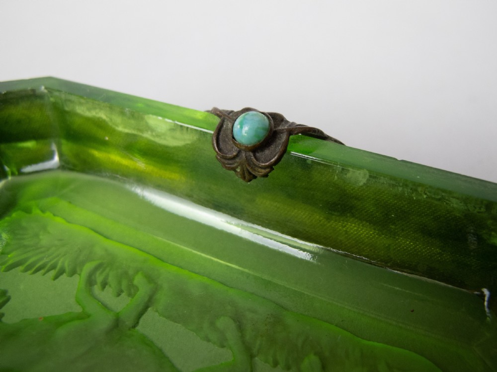 Near Pair of Czech Green Intaglio Dishes With Brass Filigree and Jewel Detail. View X