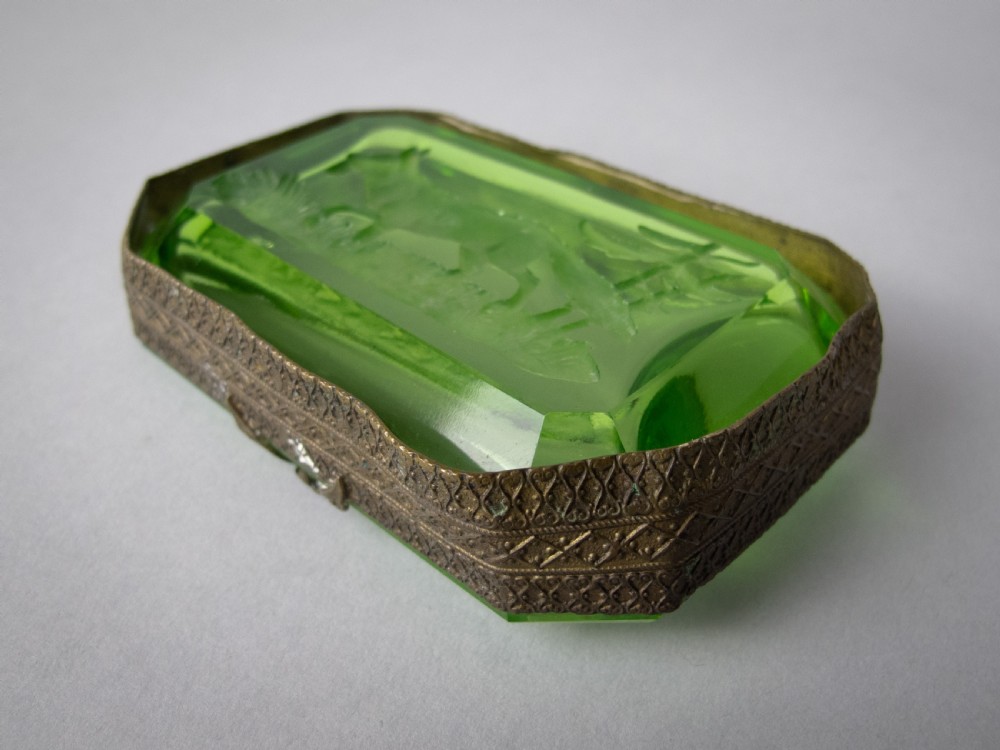 Near Pair of Czech Green Intaglio Dishes With Brass Filigree and Jewel Detail. View XI