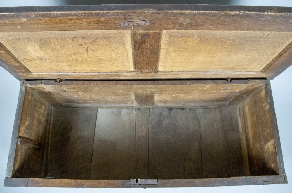 17th Century Carved Oak Coffer With Raised Legs & Original Iron Loop Hinges. View VI