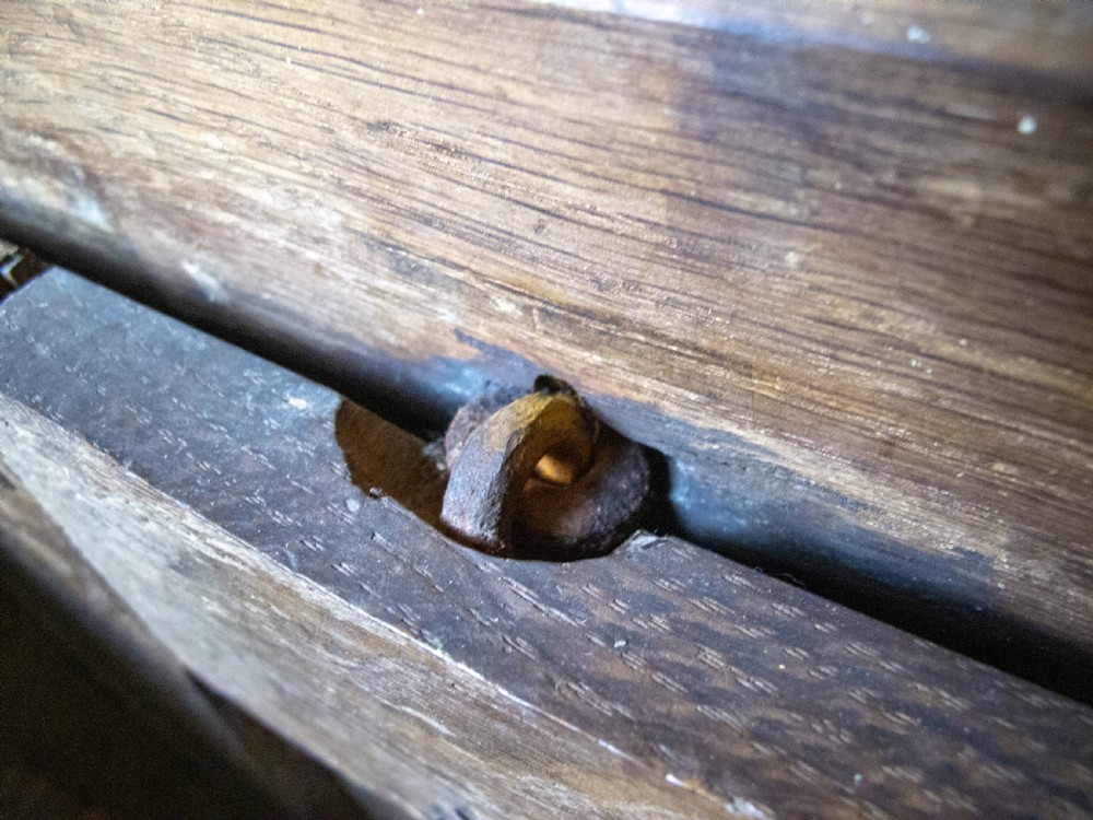 17th Century Carved Oak Coffer With Raised Legs & Original Iron Loop Hinges. View VIII