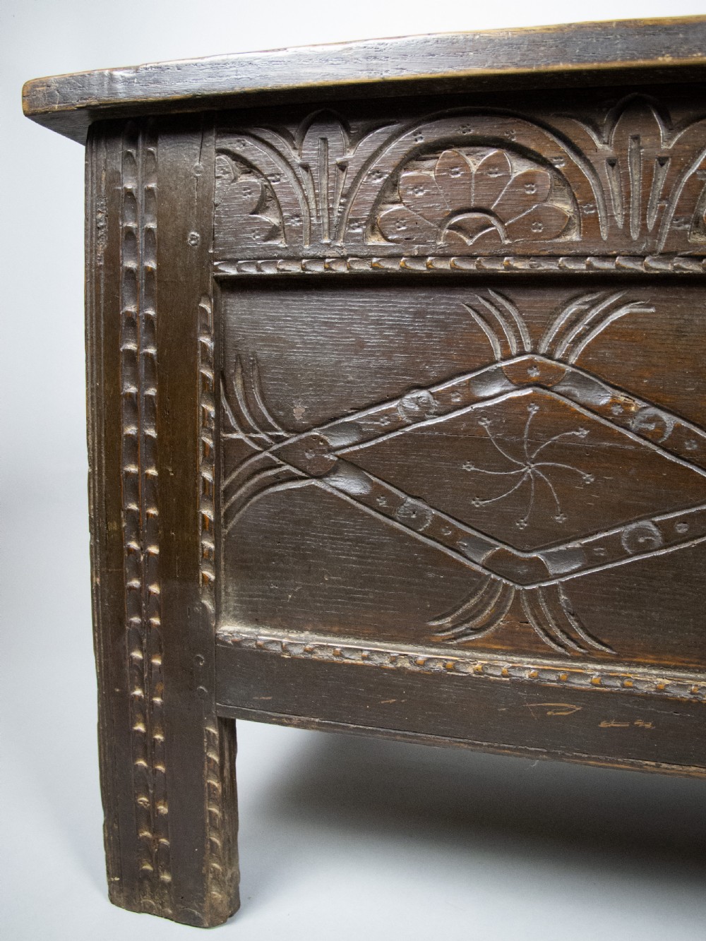 17th Century Carved Oak Coffer With Raised Legs & Original Iron Loop Hinges. View XX