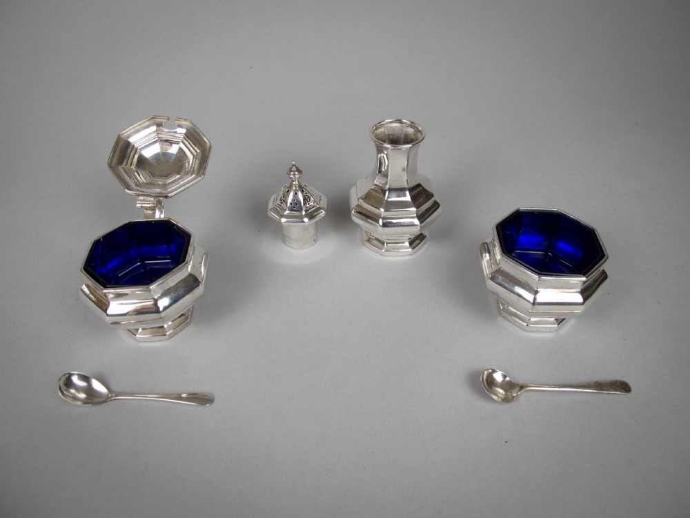 Sterling Silver Three Piece Cruet Set With Spoon by Ernest Druiff & Co, 1925. View II