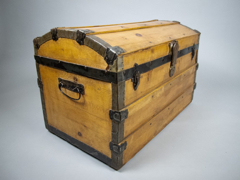 19th Century Domed Pine Iron Bound Trunk by Eagle Lock Co, USA.