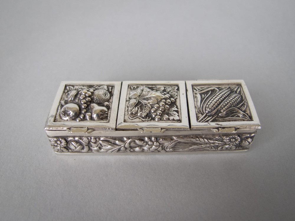 Mid 20th Century Continental Silver Plated Pill Box With Harvest Repousse