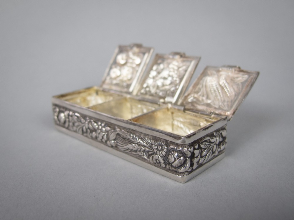 Mid 20th Century Continental Silver Plated Pill Box With Harvest Repousse View V