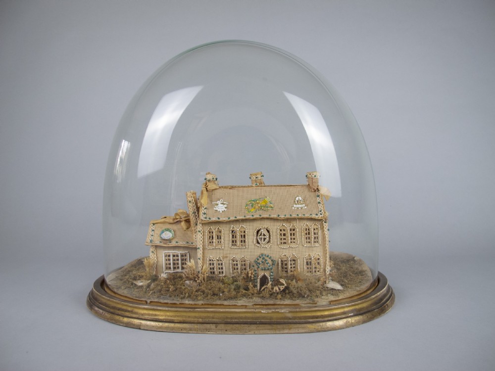 Exceptional Large Victorian Beadwork Diorama Of A House With Original Glass Dome.