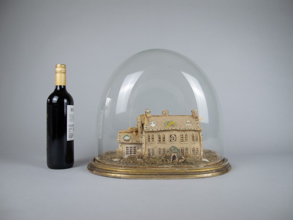 Exceptional Large Victorian Beadwork Diorama Of A House With Original Glass Dome. View II
