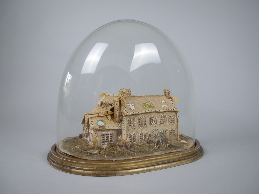 Exceptional Large Victorian Beadwork Diorama Of A House With Original Glass Dome. View III