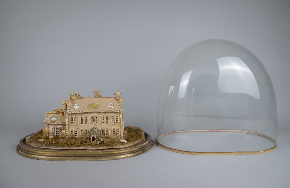 Exceptional Large Victorian Beadwork Diorama Of A House With Original Glass Dome. View IV