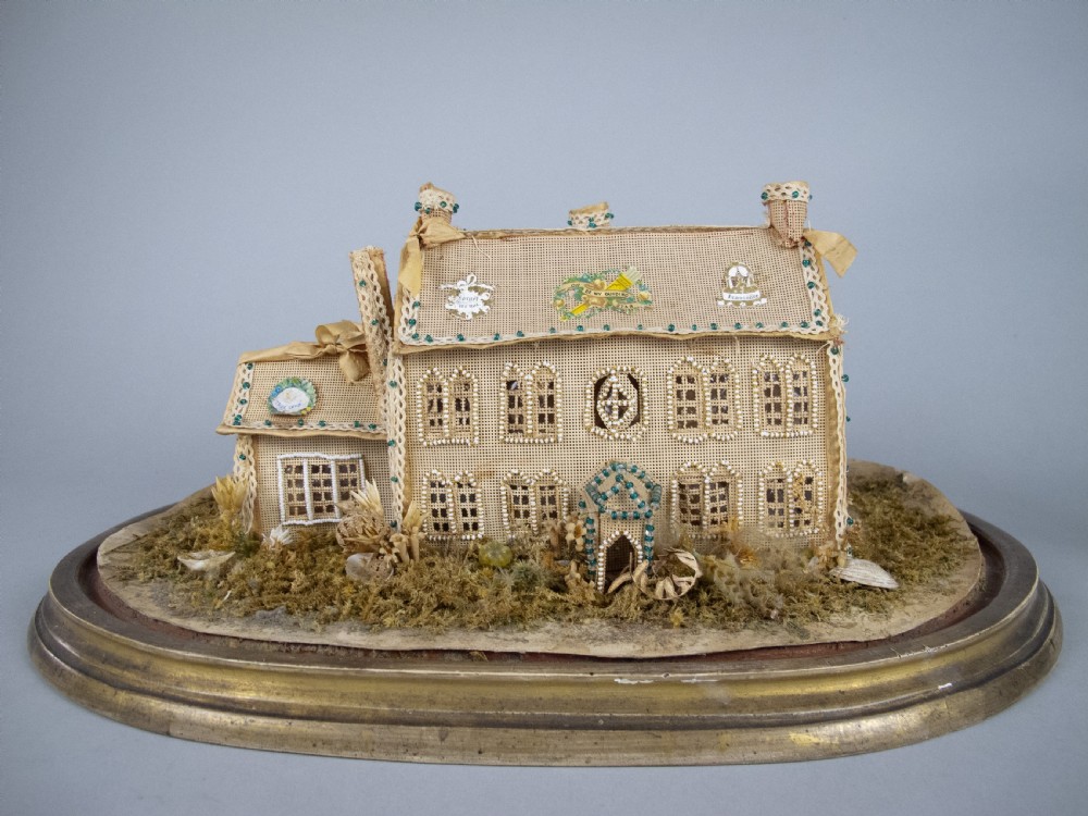 Exceptional Large Victorian Beadwork Diorama Of A House With Original Glass Dome. View V