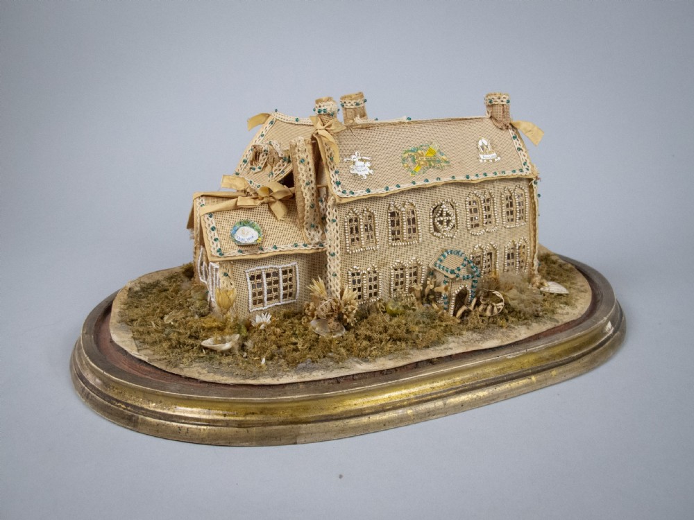 Exceptional Large Victorian Beadwork Diorama Of A House With Original Glass Dome. View VI