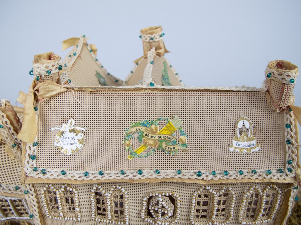 Exceptional Large Victorian Beadwork Diorama Of A House With Original Glass Dome. View VII