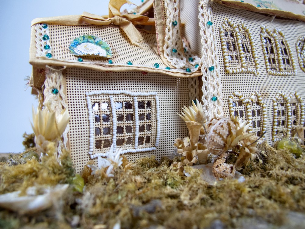 Exceptional Large Victorian Beadwork Diorama Of A House With Original Glass Dome. View VIII