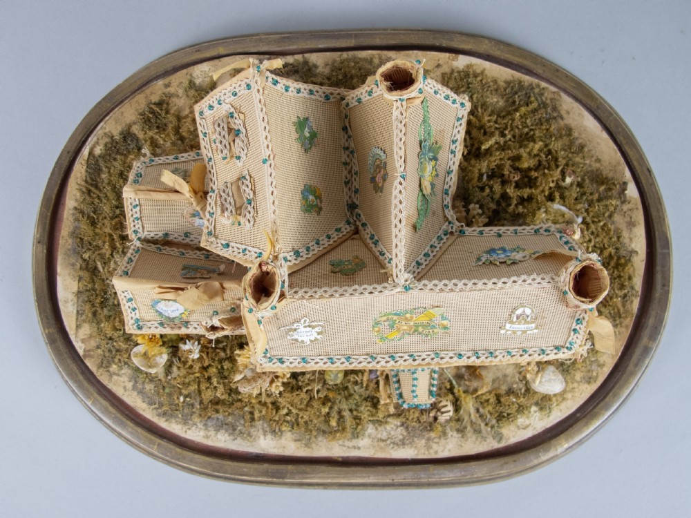 Exceptional Large Victorian Beadwork Diorama Of A House With Original Glass Dome. View IX