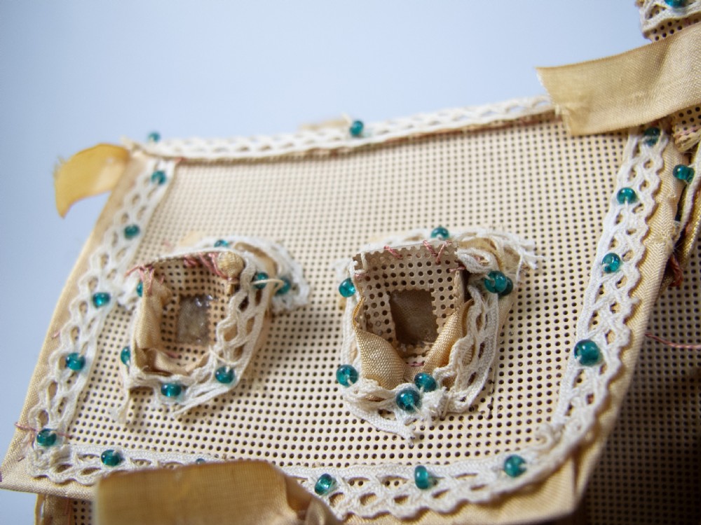 Exceptional Large Victorian Beadwork Diorama Of A House With Original Glass Dome. View X