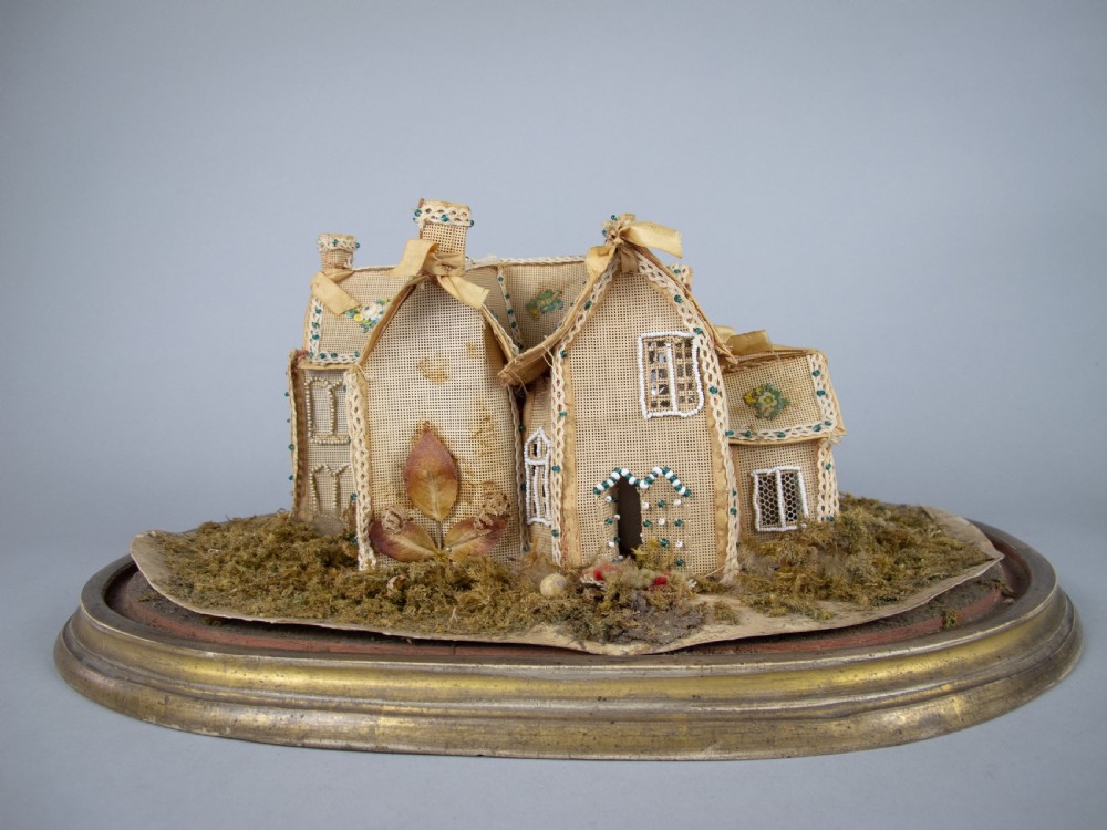 Exceptional Large Victorian Beadwork Diorama Of A House With Original Glass Dome. View XI