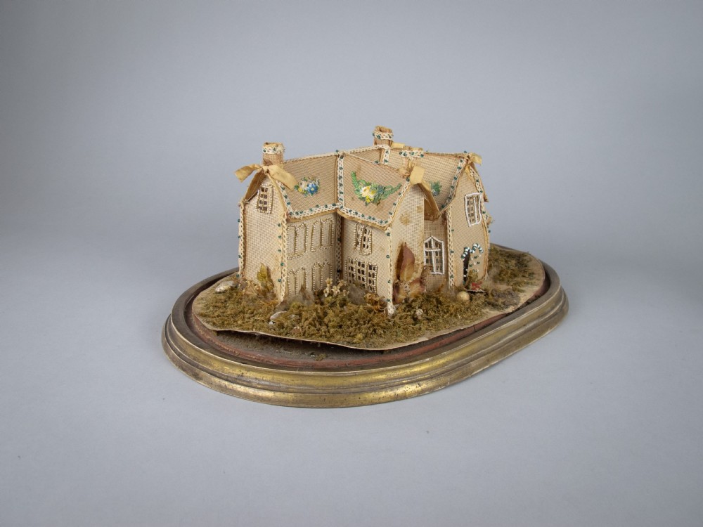 Exceptional Large Victorian Beadwork Diorama Of A House With Original Glass Dome. View XII