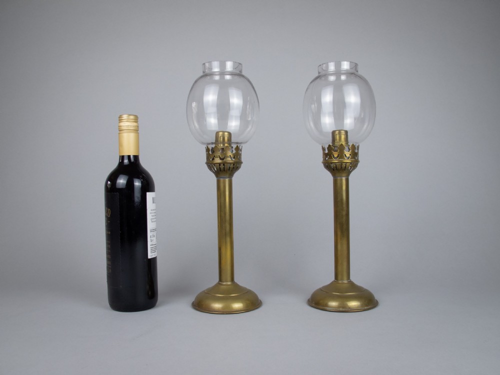 Pair Of 19th Century French Brass Gothic Candlesticks With Glass Shades. View II