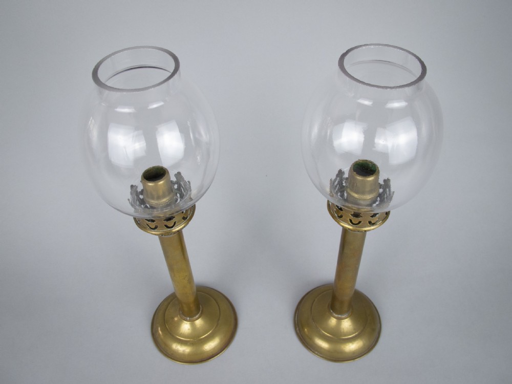 Pair Of 19th Century French Brass Gothic Candlesticks With Glass Shades. View III