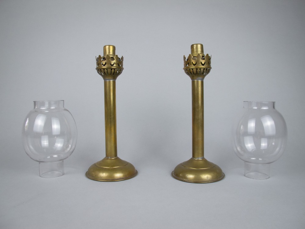 Pair Of 19th Century French Brass Gothic Candlesticks With Glass Shades. View IV
