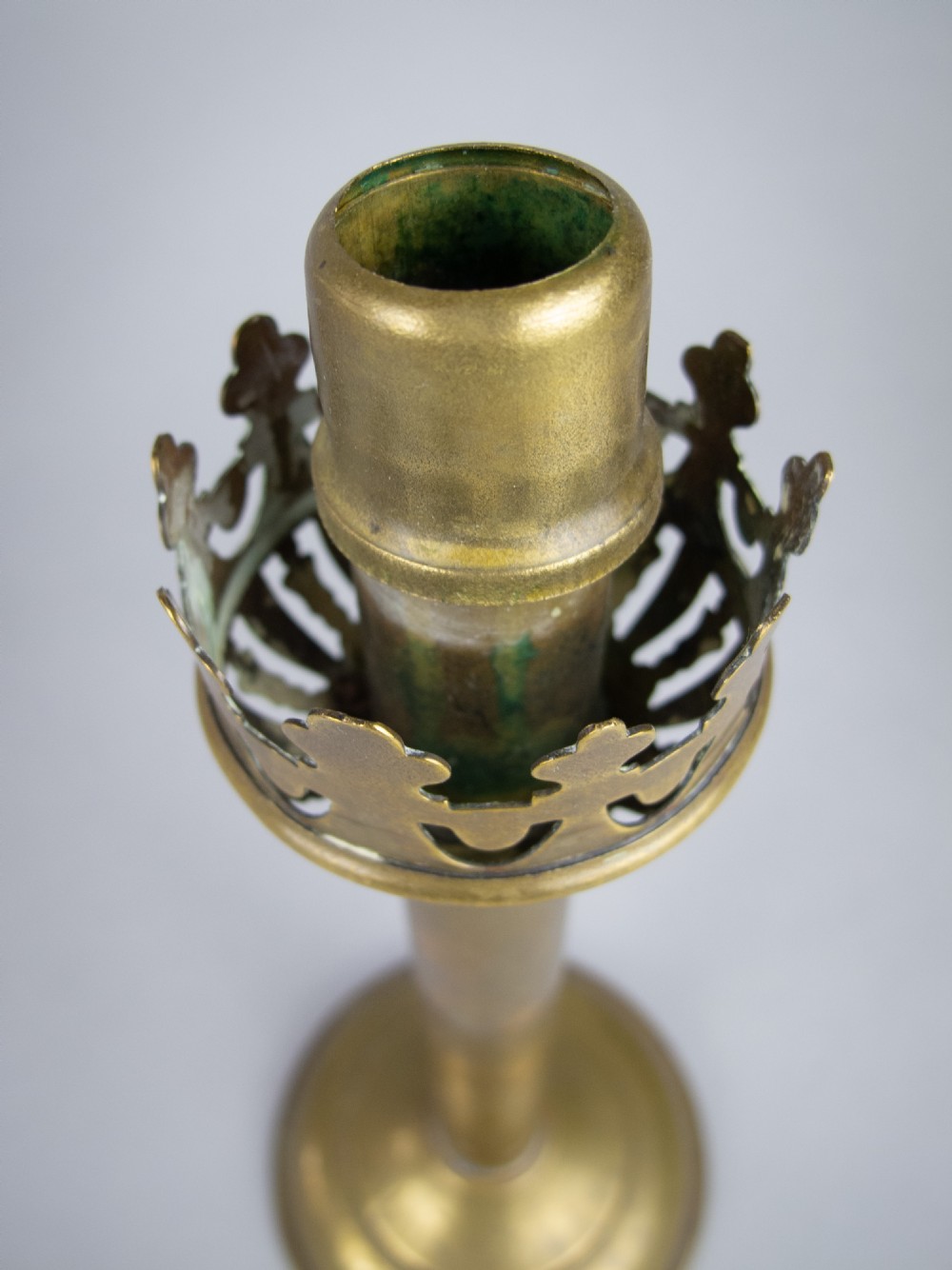 Pair Of 19th Century French Brass Gothic Candlesticks With Glass Shades. View VIII