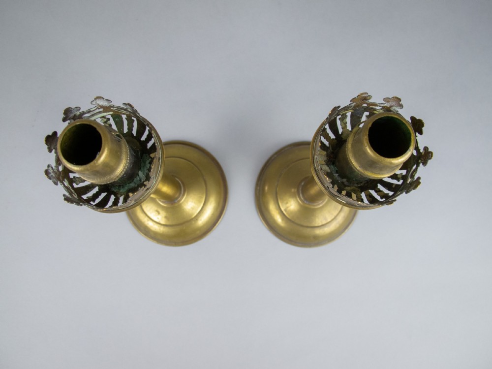 Pair Of 19th Century French Brass Gothic Candlesticks With Glass Shades. View IX