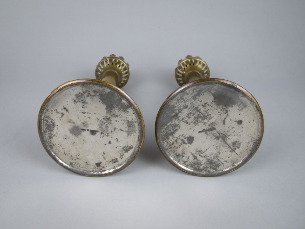 Pair Of 19th Century French Brass Gothic Candlesticks With Glass Shades. View X