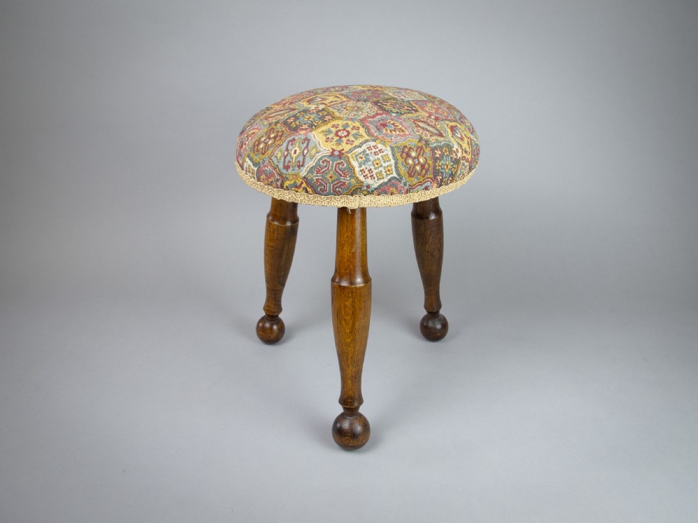 Late 19th Century Small Oak Needlework Stool With Tapered Ball Legs