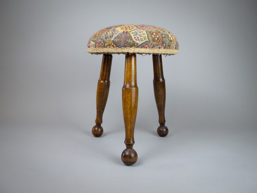Late 19th Century Small Oak Needlework Stool With Tapered Ball Legs View II