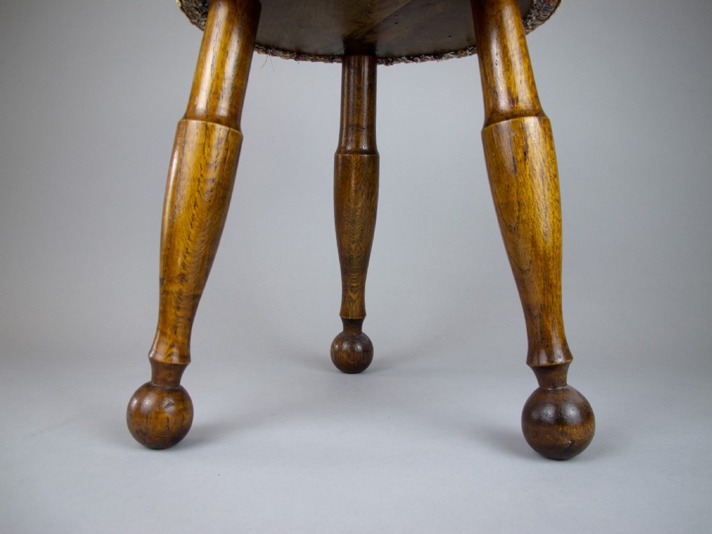 Late 19th Century Small Oak Needlework Stool With Tapered Ball Legs View VIII