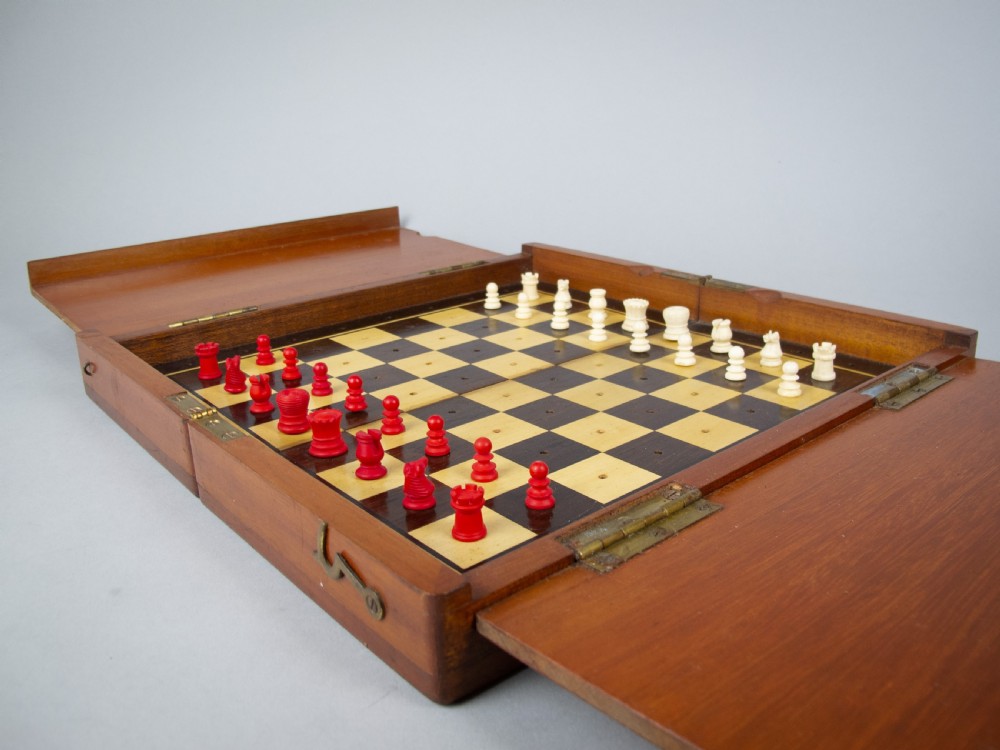19th Century Victorian Mahogany Folding Travelling Chess Set (Complete), c.1890 View VII