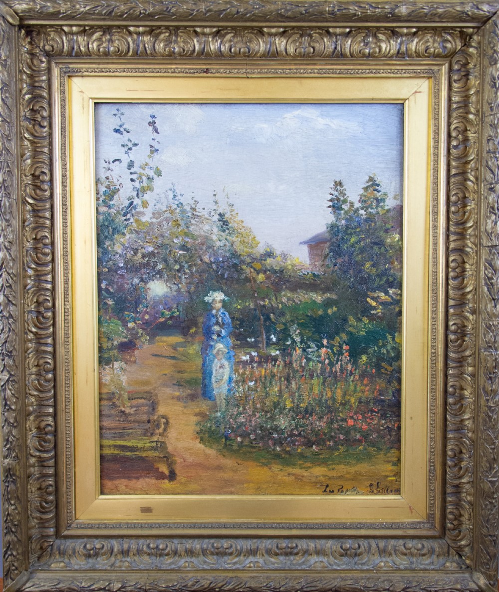 Mid 19th Century French School Impressionist Oil On Canvas - Mother & Child In Garden.