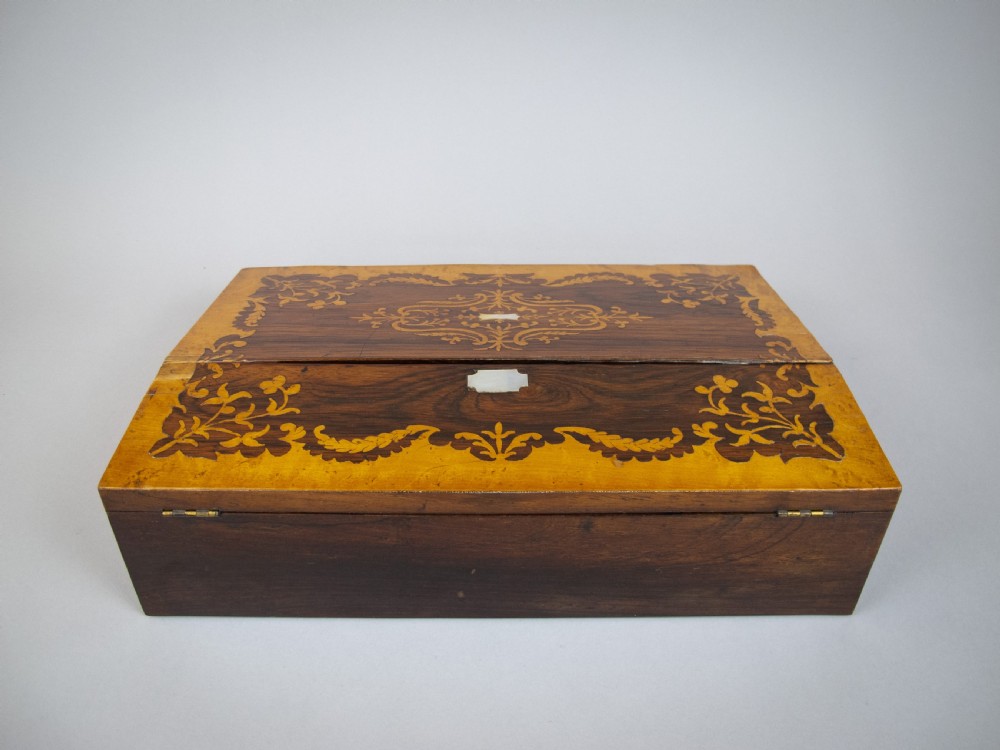 Early Victorian Rosewood & Birds Eye Maple Marquetry Writing Slope, c.1840. View III