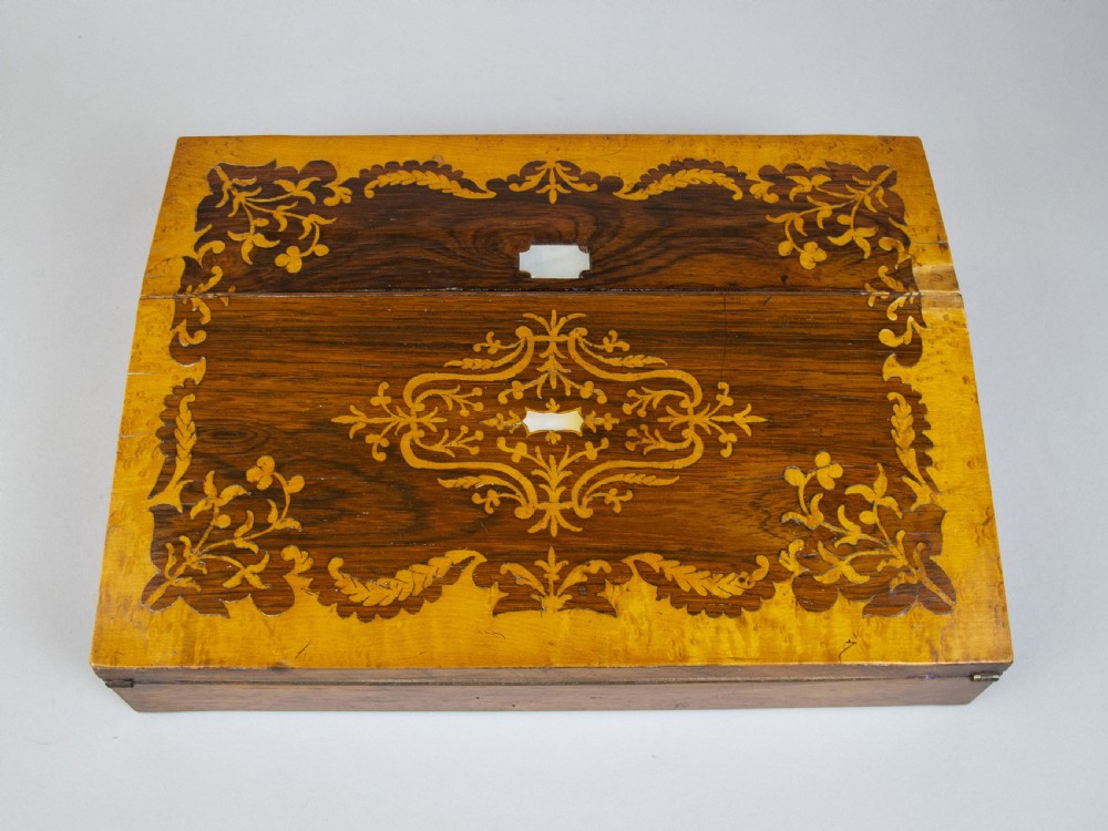Early Victorian Rosewood & Birds Eye Maple Marquetry Writing Slope, c.1840.