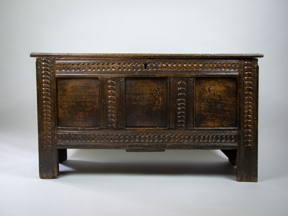 17th Century Oak Plank Coffer With Carved Triple Panel Front. View II