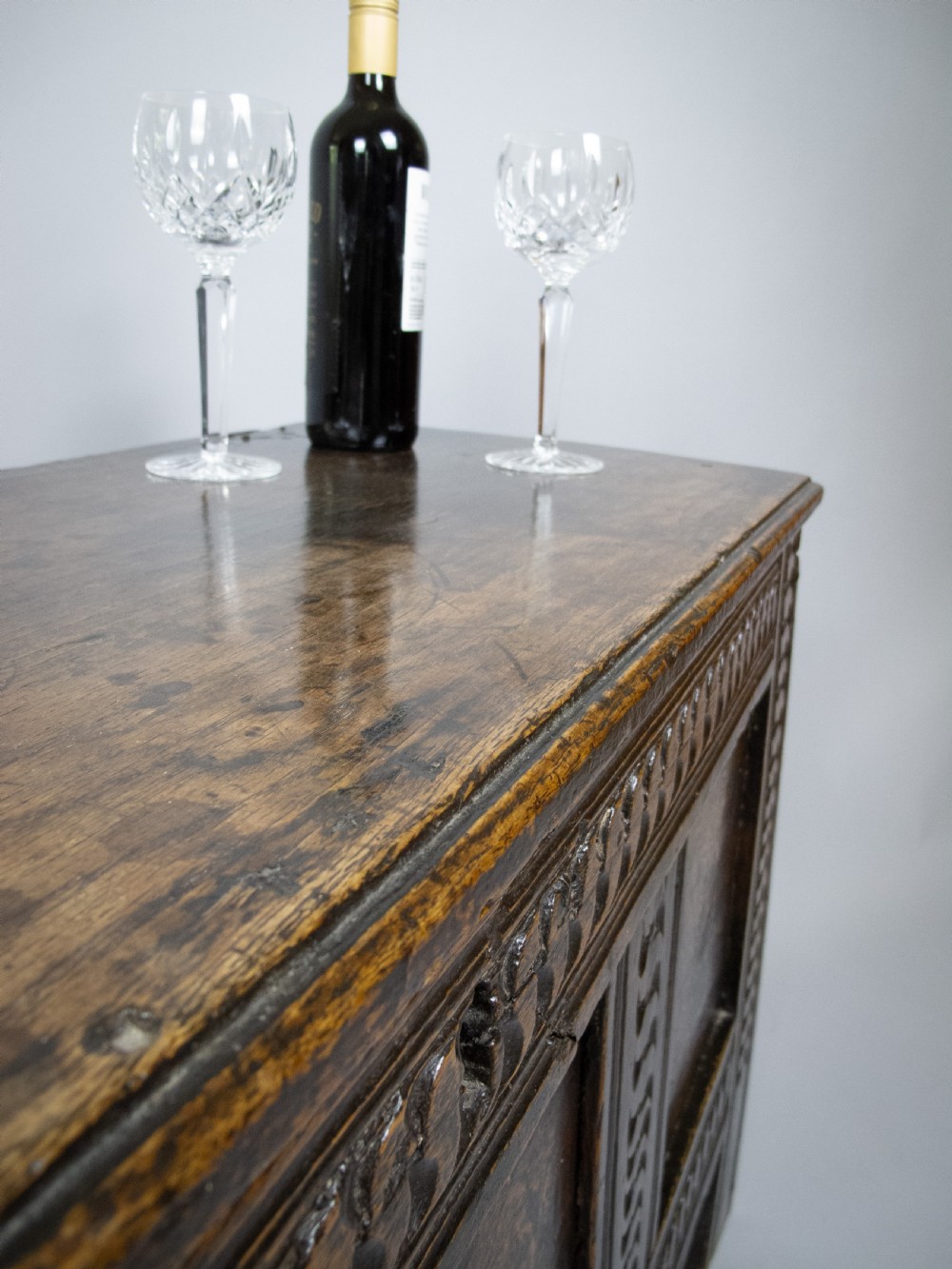 17th Century Oak Plank Coffer With Carved Triple Panel Front. View III