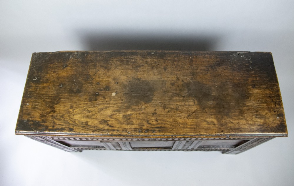 17th Century Oak Plank Coffer With Carved Triple Panel Front. View IV