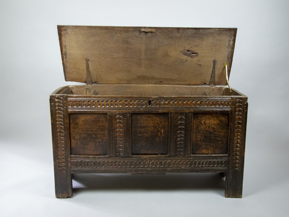 17th Century Oak Plank Coffer With Carved Triple Panel Front. View V