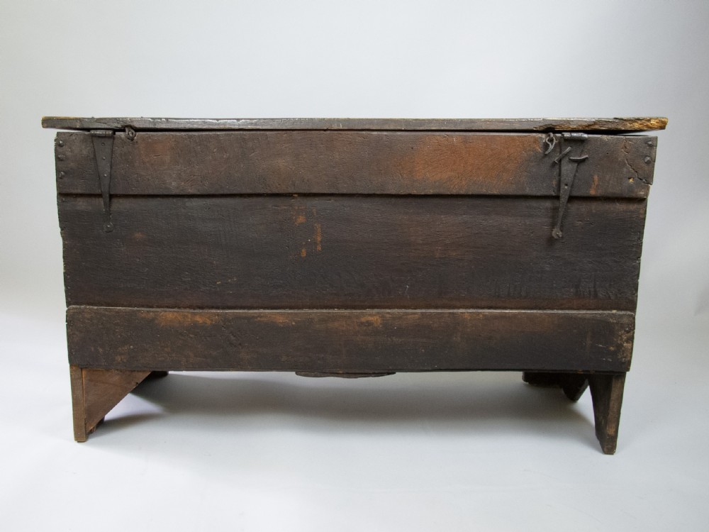 17th Century Oak Plank Coffer With Carved Triple Panel Front. View VII