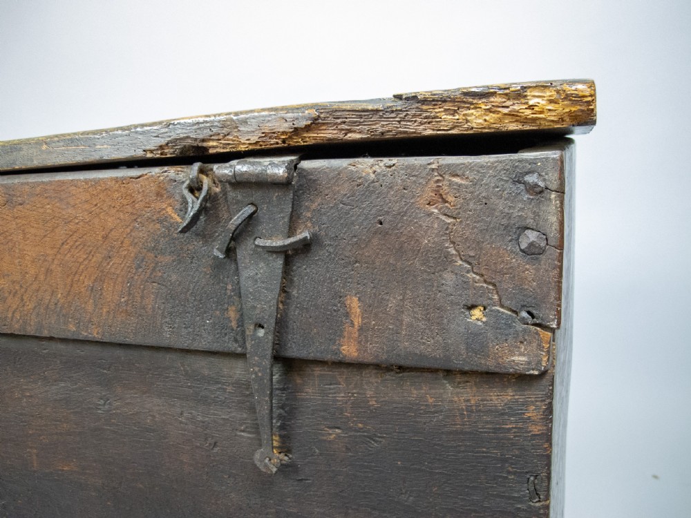 17th Century Oak Plank Coffer With Carved Triple Panel Front. View VIII
