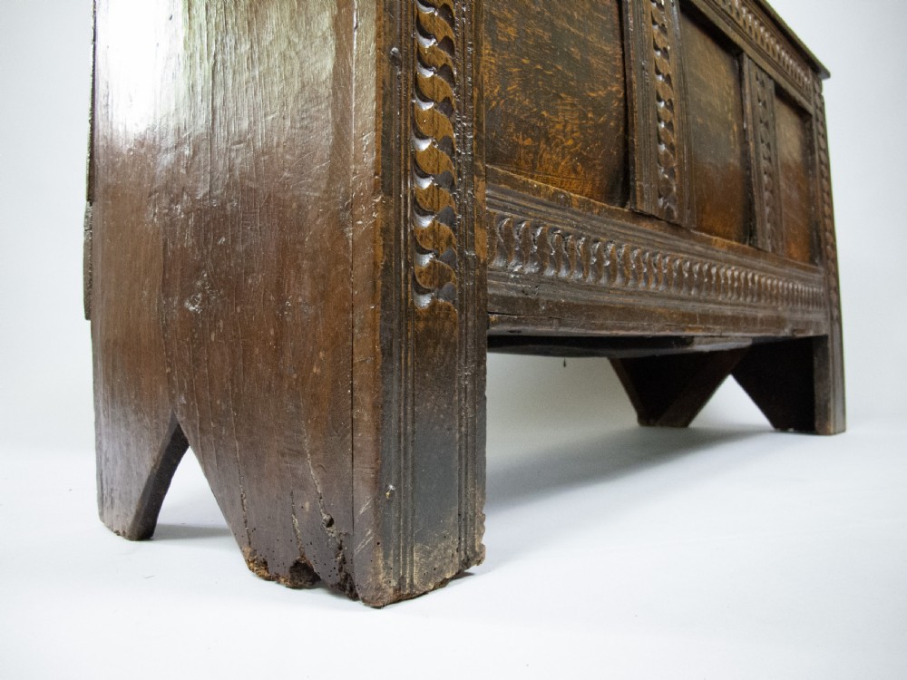 17th Century Oak Plank Coffer With Carved Triple Panel Front. View IX