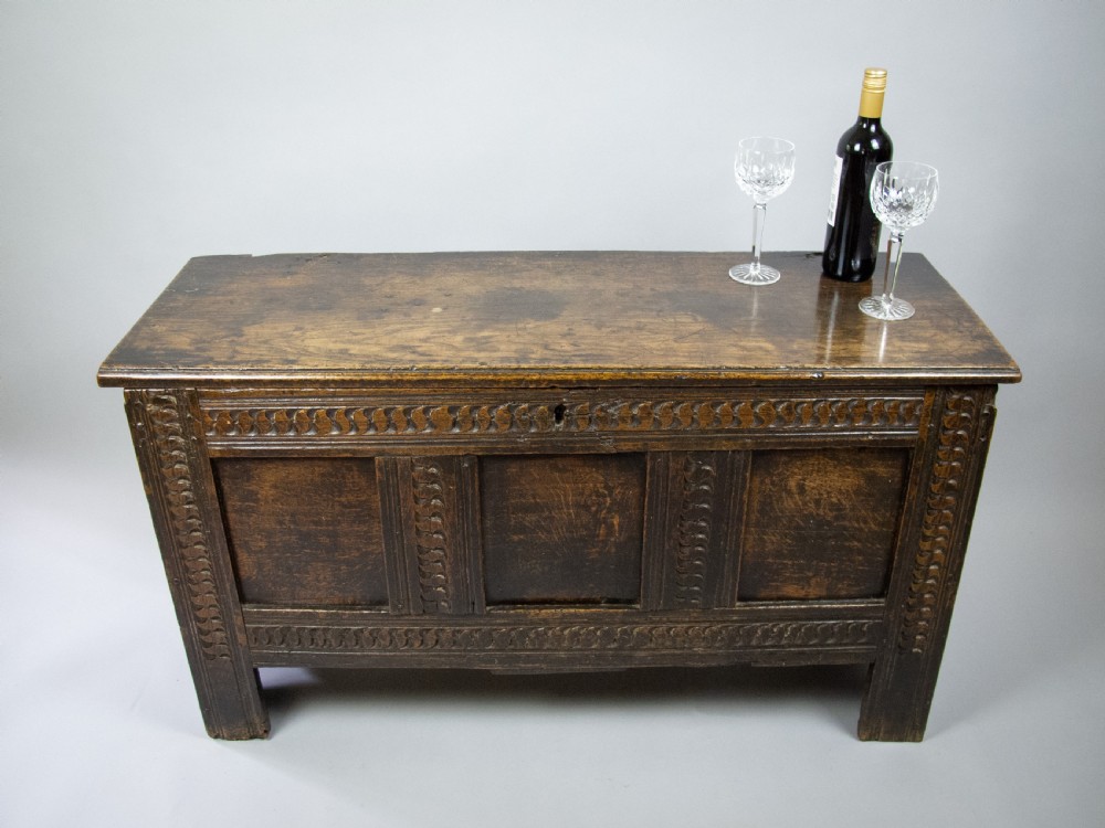 17th Century Oak Plank Coffer With Carved Triple Panel Front. View X