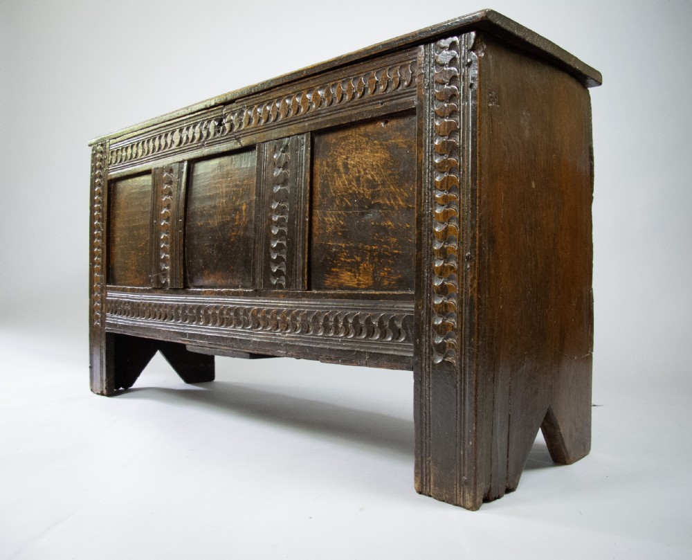 17th Century Oak Plank Coffer With Carved Triple Panel Front. View XI