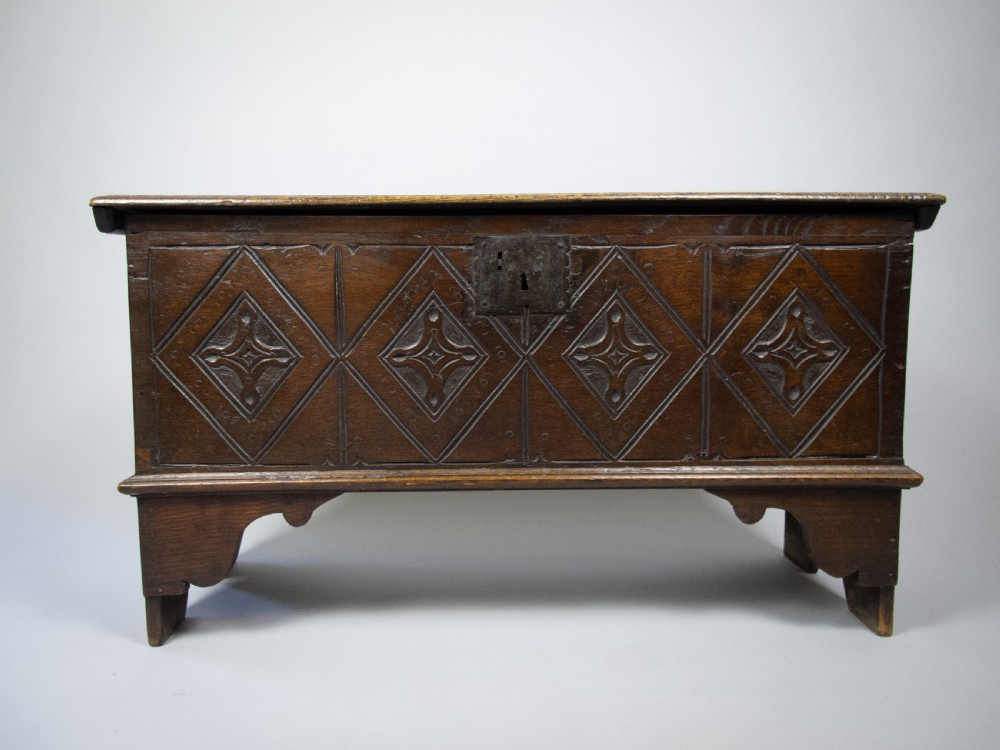 17th Century Style Oak Plank Coffer With Carved Lozenge Design