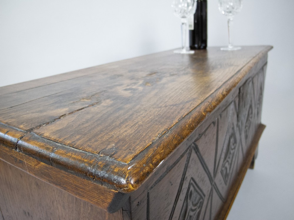 17th Century Style Oak Plank Coffer With Carved Lozenge Design View IV