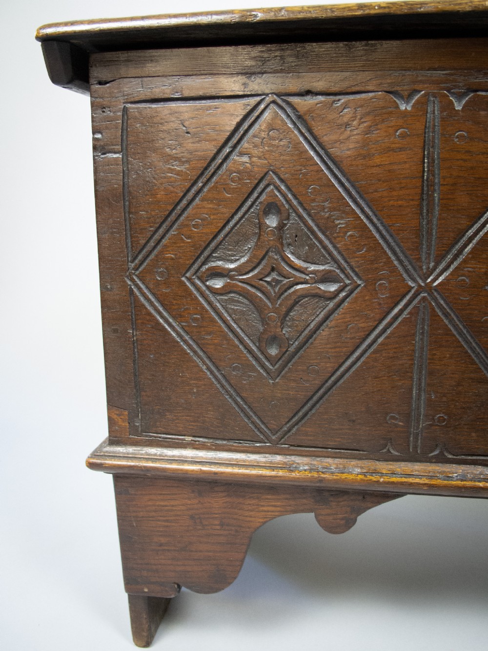17th Century Style Oak Plank Coffer With Carved Lozenge Design View V