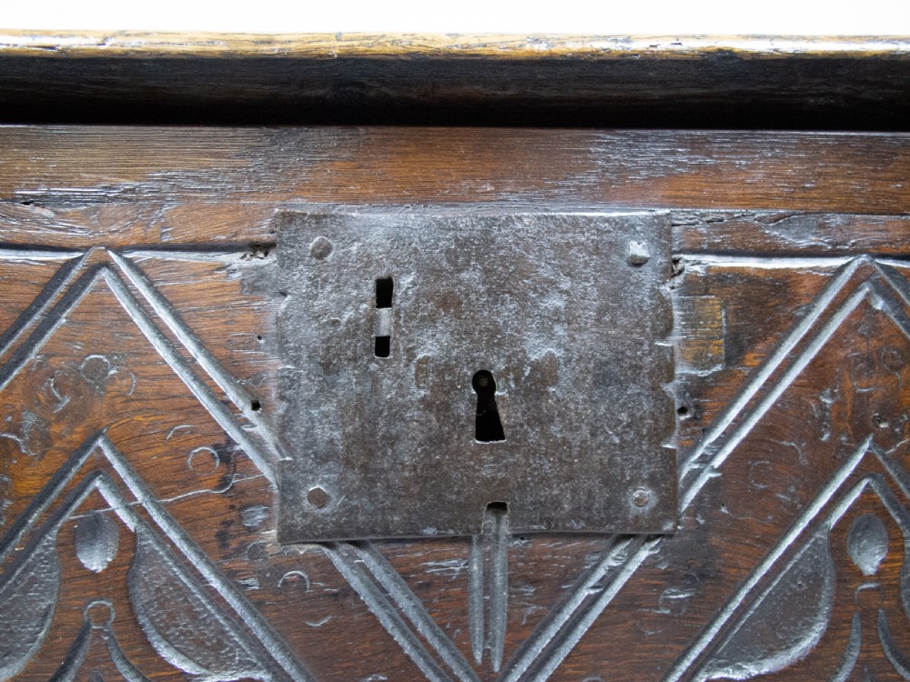 17th Century Style Oak Plank Coffer With Carved Lozenge Design View VI