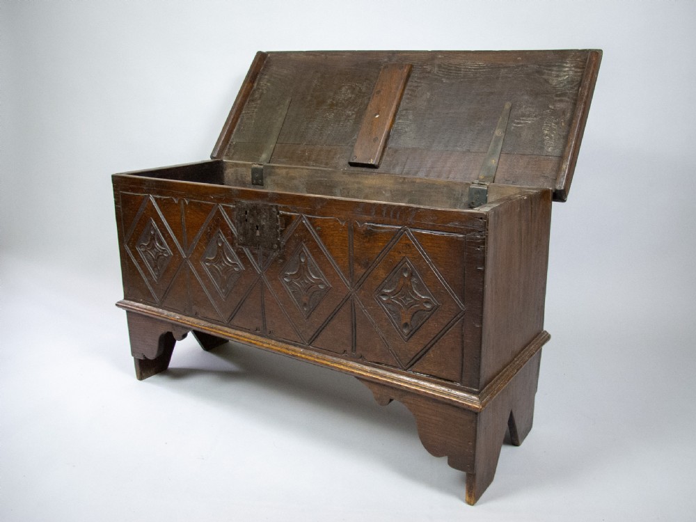 17th Century Style Oak Plank Coffer With Carved Lozenge Design View VIII